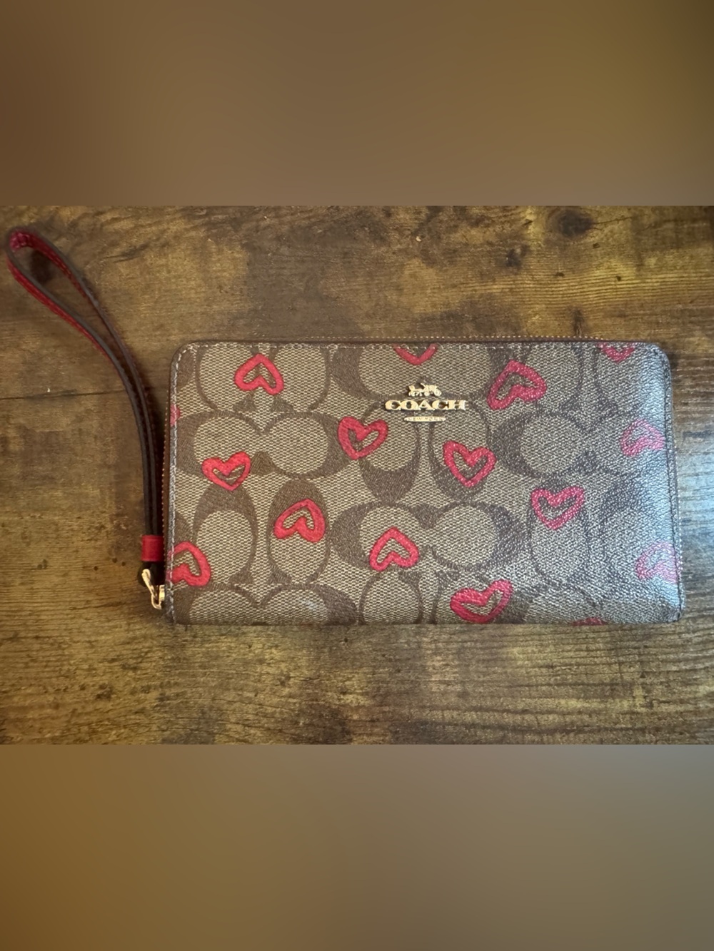 Coach Brown Signature Wristlet Wallet with Red Heart Accents
